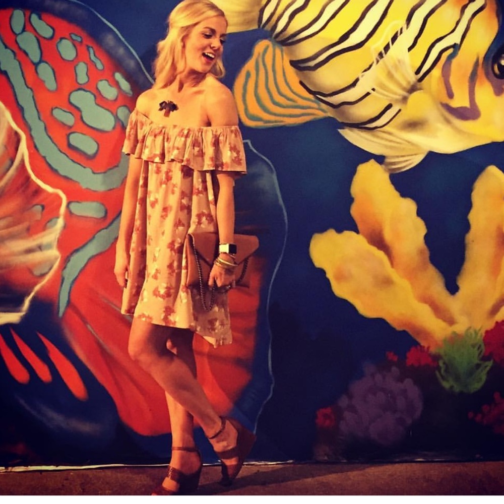 Off the shoulder peachy beige dress